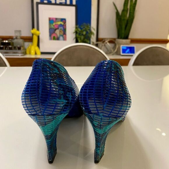 RARE 1980’s Disco Style Stuart Weitzman Teal Blue Snakeskin Embossed Heels - Picture 7 of 10